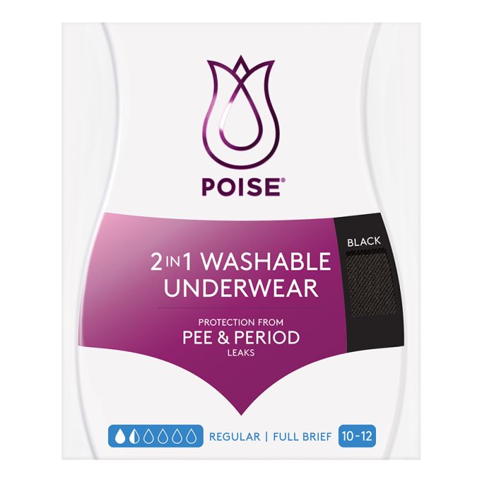 Poise Washable Underwear 2in1 Pee & Period Briefs Female 12-14 Waist 76  81cm 60ml Black 91951